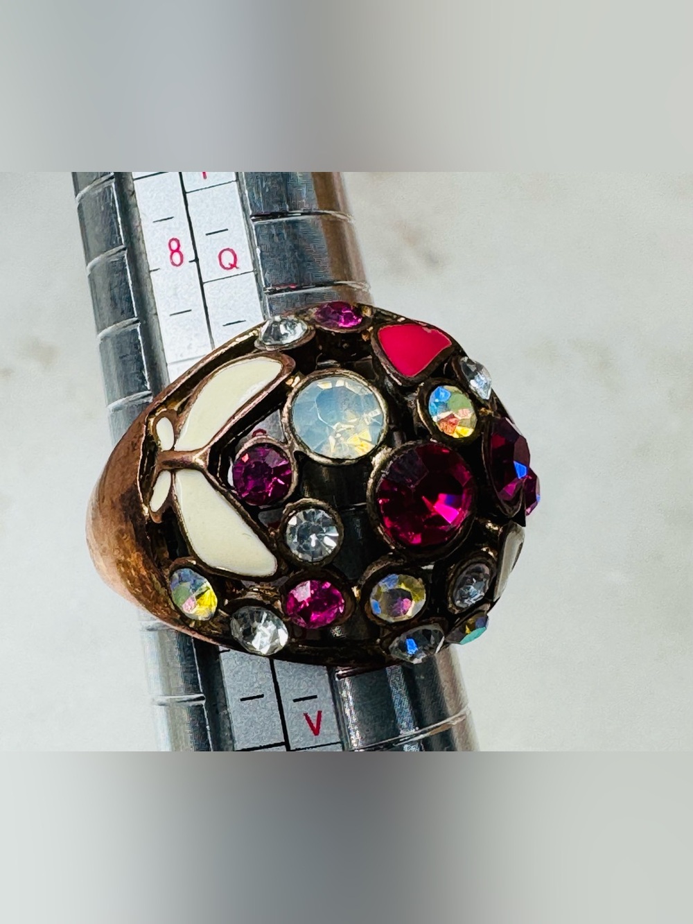 Statement Dome Cocktail Ring with Pink and White Enamel Butterflies - Picture 2 of 6